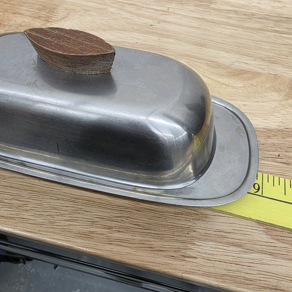 Butter Dish Stainless Steel MCM Wood Handle Dolphin Vintage - Picture 3 of 7